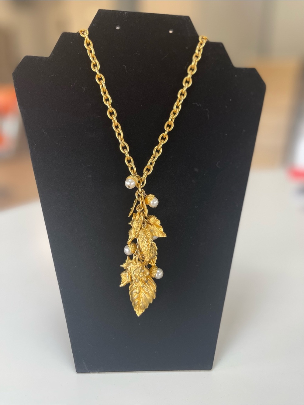 Gold-Tone Leaf and Faux Pearl Pendant Necklace